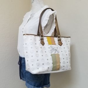 MCM White Tote with Gold and Yellow-Green Stripes